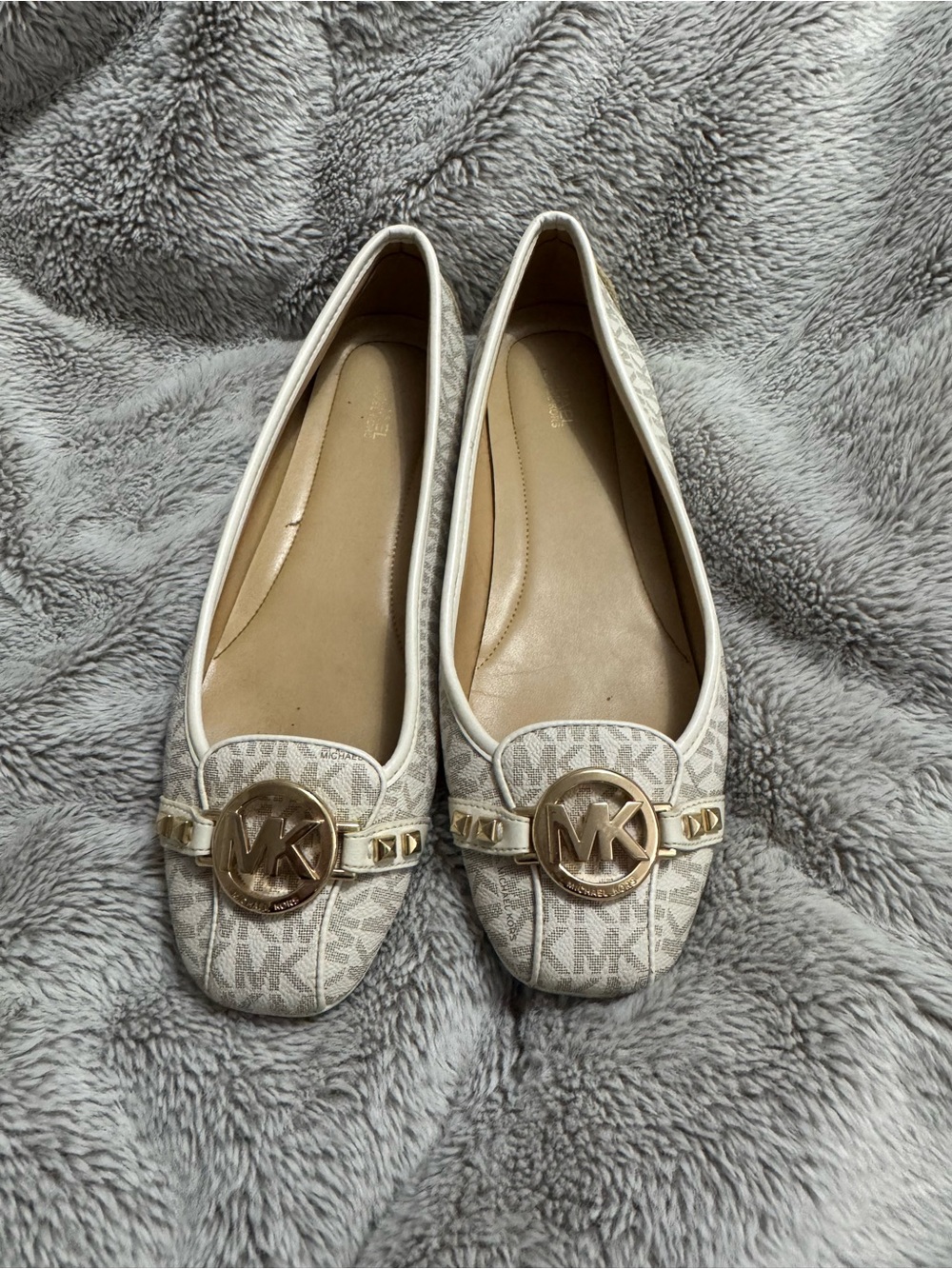 Michael Kors Cream Logo Ballet Flats with Gold MK Medallion
